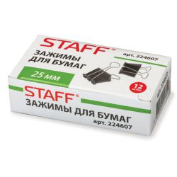 Зажимы для бумаг STAFF "EVERYDAY", КОМПЛЕКТ 12 шт., 25 мм, на 100 листов, черные, картонная коробка, 224607